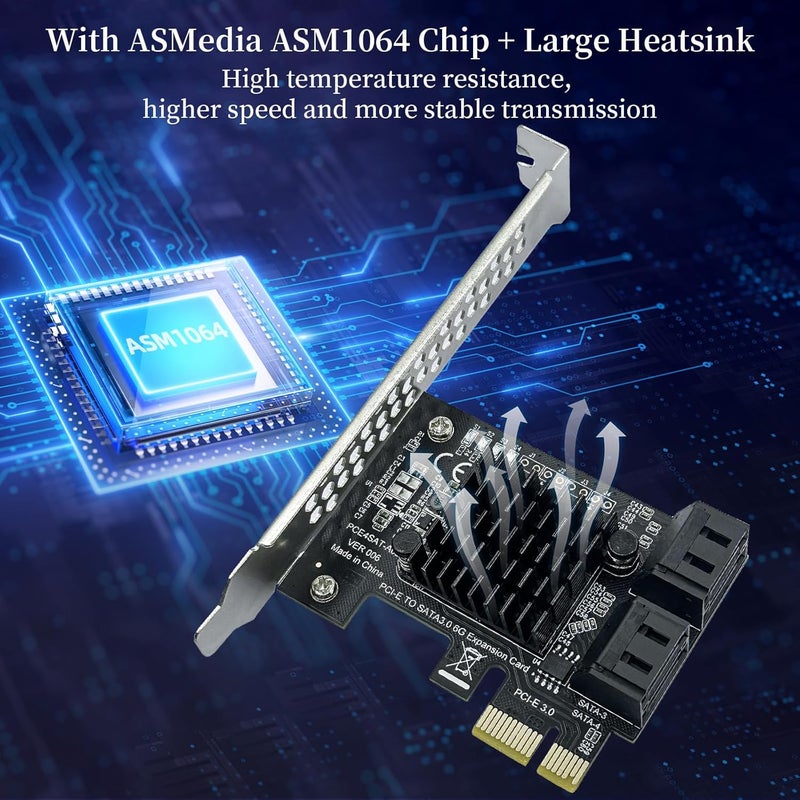 Xdingjiala 4-Port PCIe SATA III 6Gbps Expansion Card, PCIe x1 to 4 Port SATA 3.0 Controller Card - ASM1064 Chip, with Low Profile Bracket for Windows Linux Mac - Image 2